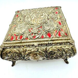 Vtg Gold Tone Jewelry Trinket Box Red Velvet Floral Angel Bird Relief Gift
